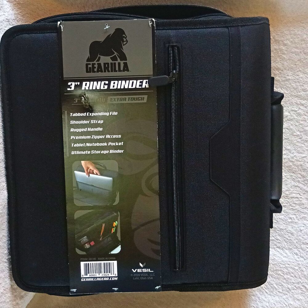 Carilla CB100 3in Ring Binder 600 Sheets Zipper Expandable File Strap Black